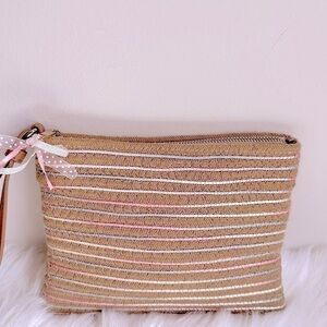 Woven Rattan Clutch Purse/Jewelry Bag with Pink and Blue Ribbon **Like New**